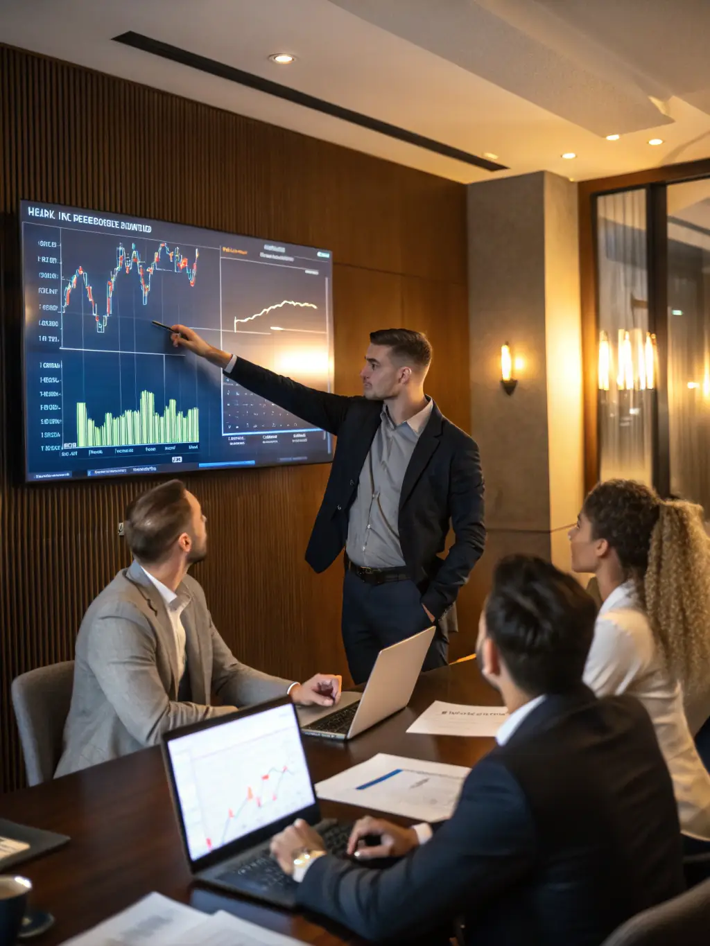 A professional sales coach is guiding a team through a strategic planning session, using visual aids to illustrate investment strategies and potential financial growth scenarios.
