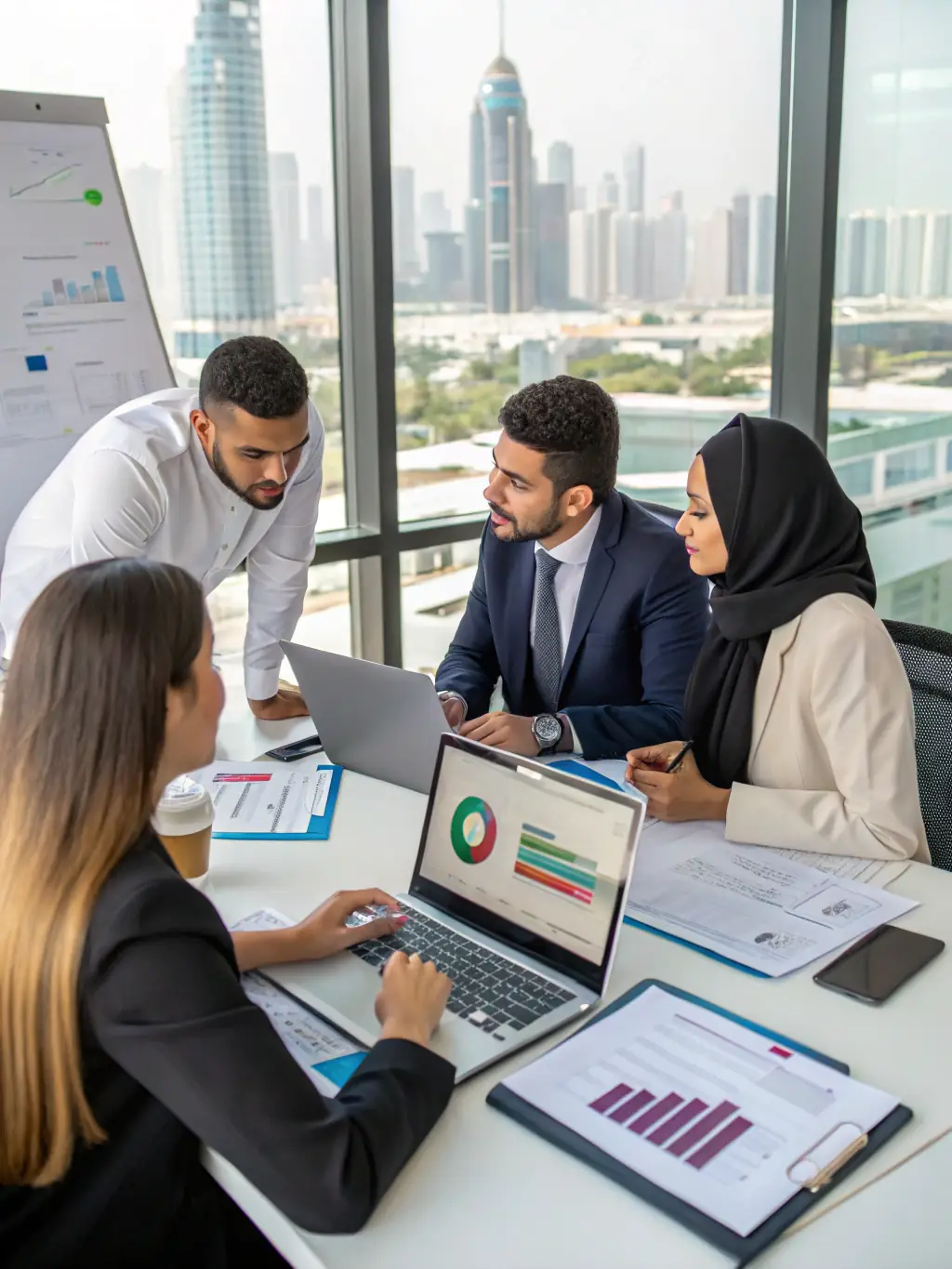 A sales team is collaboratively analysing market data and economic trends to identify new opportunities for capital growth and improved sales performance.