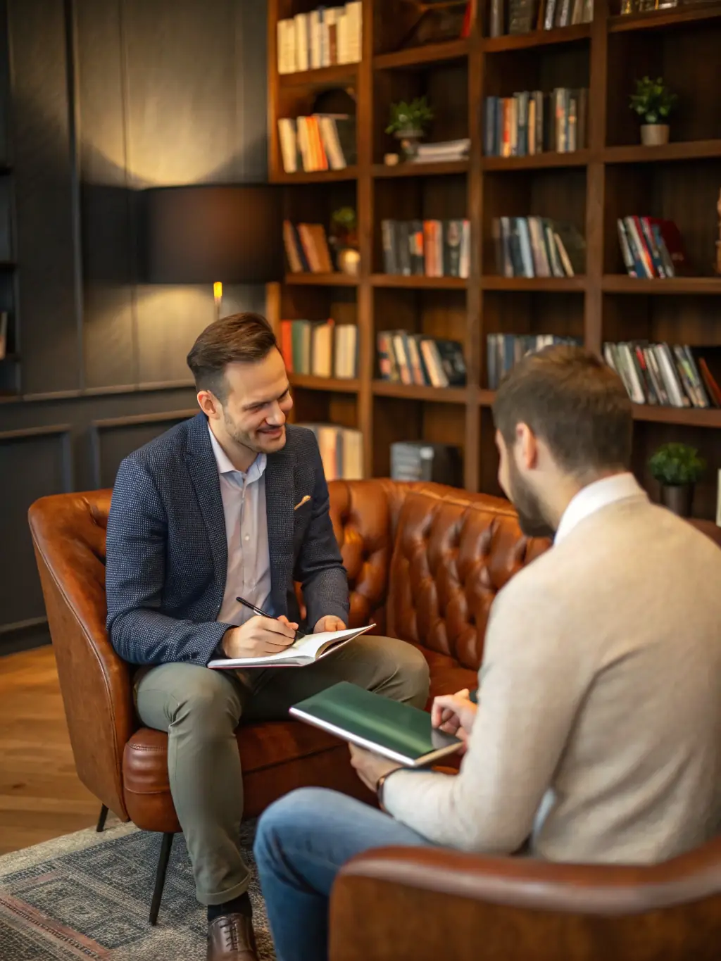 A professional sales coach working with a team, reviewing sales strategies and investment opportunities in a modern office setting.