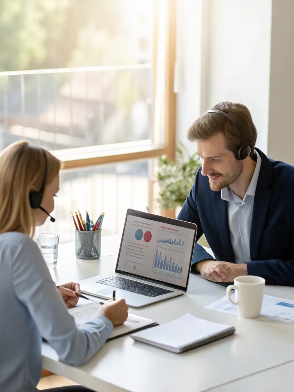 A coach leading a one-on-one session, discussing financial returns and investment strategies with a sales manager.
